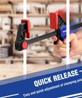 Hand holding 6 inch woodworking bar clamps with quick release