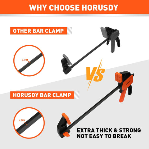 Comparison of Horsudy bar clamp highlighting extra thick build and strength for Six Inch Mini Bar Clamps 2 Pack For Woodworking.