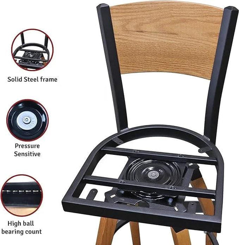 Bar stool with heavy duty bar stool swivel plate with memory spring return, 6.75 inch square flat mechanism, steel frame, 51 ball bearings.