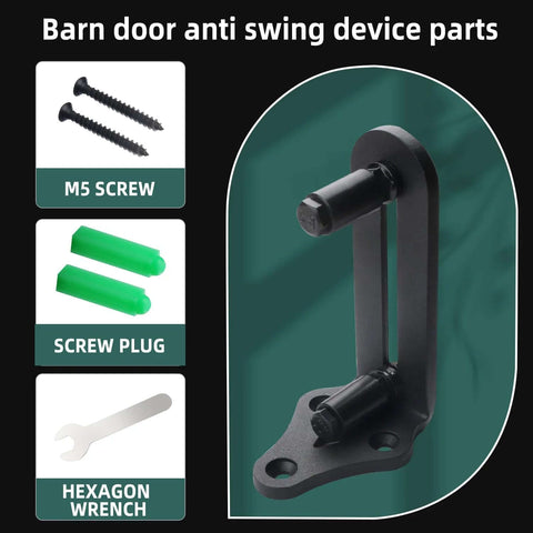 Barn Sliding Door Floor Fixed Rails With Adjustable Stay Roller And Double Wheel Clamping, anti swing component, and tools.