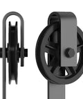 Front and side view of Sliding Barn Door Hardware Roller Set Black Carbon Steel Spoke Wheel Hanger Kit with solid black finish.