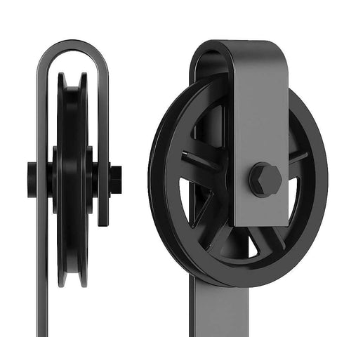 Front and side view of Sliding Barn Door Hardware Roller Set Black Carbon Steel Spoke Wheel Hanger Kit with solid black finish.