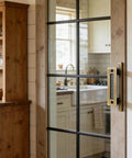 Sliding Barn Door Pulls Set Heavy Duty Flush Handle With Rustic Two Sided Design Antique Brass Finish on glass kitchen door