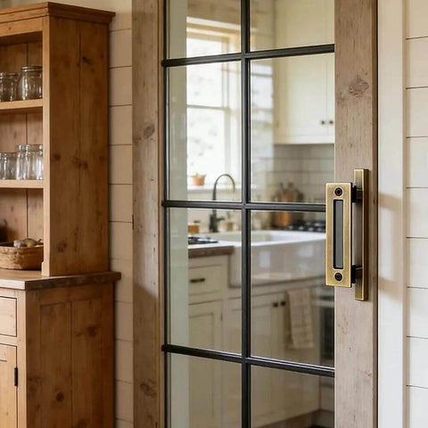 Sliding Barn Door Pulls Set Heavy Duty Flush Handle With Rustic Two Sided Design Antique Brass Finish on glass kitchen door