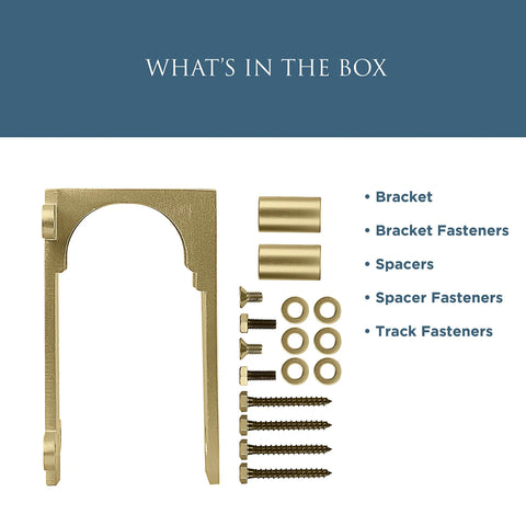 Interior Sliding Barn Door Bypass Bracket Set For Two Single Doors, Space-Saving Hardware includes bracket, fasteners, spacers.