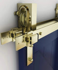 Interior Sliding Barn Door Bypass Bracket Set For Two Single Doors, Space-Saving Hardware That Lets Doors Bypass Each Other, Supports Up To 100 Lb Per Door, Includes Detailed Installation Instructions, showing metal bracket on a blue door