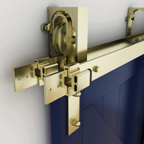 Interior Sliding Barn Door Bypass Bracket Set For Two Single Doors, Space-Saving Hardware That Lets Doors Bypass Each Other, Supports Up To 100 Lb Per Door, Includes Detailed Installation Instructions, showing metal bracket on a blue door