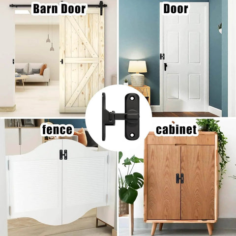 Dual 90 And 180 Degree Gate Latch For Barn Doors Zinc Alloy Right Angle Door Lock Latch installed on barn door, cabinet, and fence.