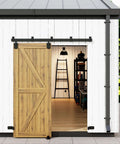 7 Foot Box Rail Barn Door Hardware Kit For Exterior And Interior Doors Sliding Heavy Duty Wall Mount Kit installed on white wall