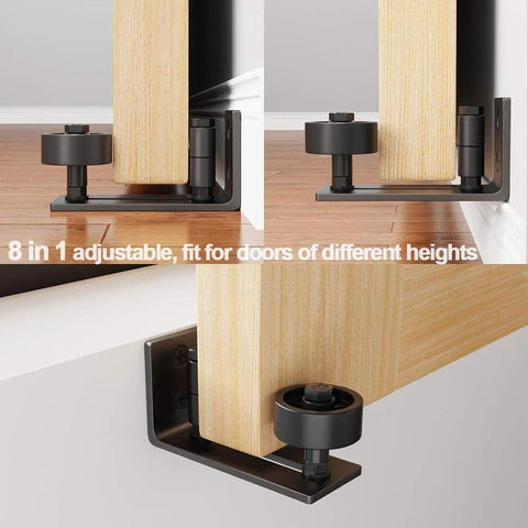 Two Pack Barn Door Floor Guide Set With Eight Setup Options for Bottom Flush Installations, wall mounted, adjustable roller