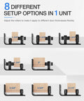 Two Pack Barn Door Floor Guide Set With Eight Setup Options For Bottom Flush Installations Wall Mounted Sliding Door Guide Adjustable Roller Quiet Smooth Sliding Carbon Steel With Black Powder Coating And POM Nylon Wheel Easy Assembly shown in different setup configurations.