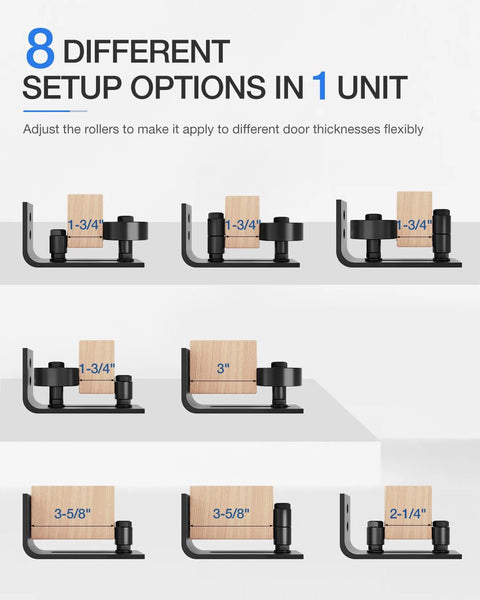 Two Pack Barn Door Floor Guide Set With Eight Setup Options For Bottom Flush Installations Wall Mounted Sliding Door Guide Adjustable Roller Quiet Smooth Sliding Carbon Steel With Black Powder Coating And POM Nylon Wheel Easy Assembly shown in different setup configurations.