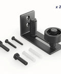 Sliding barn door floor guide with adjustable bottom rollers, black, solid steel and POM nylon, shown with installation screws, 2PCS