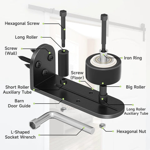 Sliding Barn Door Floor Guide With Quiet Bearing And Adjustable Rubber Rollers, Rustproof Aluminum Alloy Track Exploded View