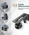 Black Sliding Barn Door Bottom Floor Guide, Adjustable Roller, Wall Mount System, Flush Flat Bottom Design, 8 Assemble Setup Options