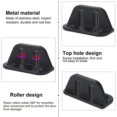 Four Barn Door Floor Guide With Bearing Design For Sliding Doors Heavy Duty Metal Hardware Durable Black Steel Frame Noise Reducing 304 Stainless Steel And Plastic Castings For Smooth Scratch Free Door Movement. Close-up view of black metal hardware with stainless steel and plastic components.