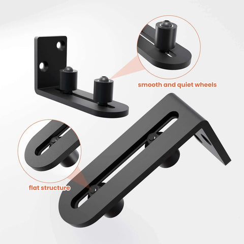 Sliding Barn Door Bottom Floor Guide With Adjustable Wall Mount Roller Guides, flush flat bottom design shown from two angles.
