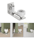 Sliding Barn Door Floor Guide With Bottom Adjustable Roller 8 Setup Options For DIYers Flush Bottom Flat Design Brushed Nickel Stay Roller 1 Piece Compatible With All Door Panels For Smooth Operation And Quiet Performance. Shown in various installation angles and settings.