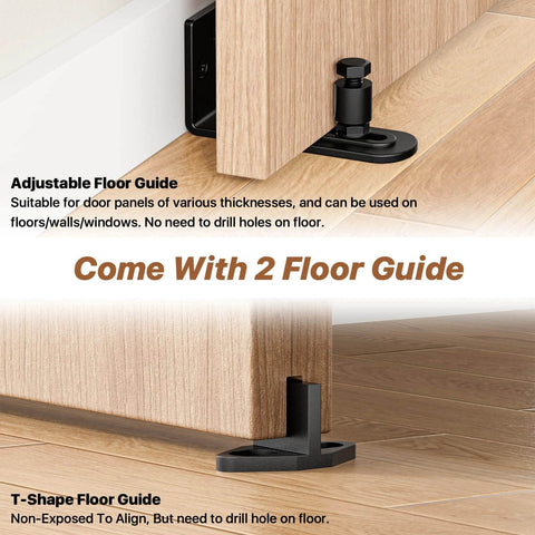 Adjustable floor guide for 6.6 FT Sliding Barn Door Hardware Kit with I Shape hanger, showing two types on wooden floor