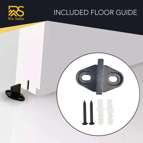 Gold Barn Door Hardware Kit For 59 Inch Sliding Track Internal Modern Interior Aluminum Kit With Brushed Brass Finish Complete Mounting Hardware Smooth Operation No Door Included Ready To Install showing floor guide and screws.