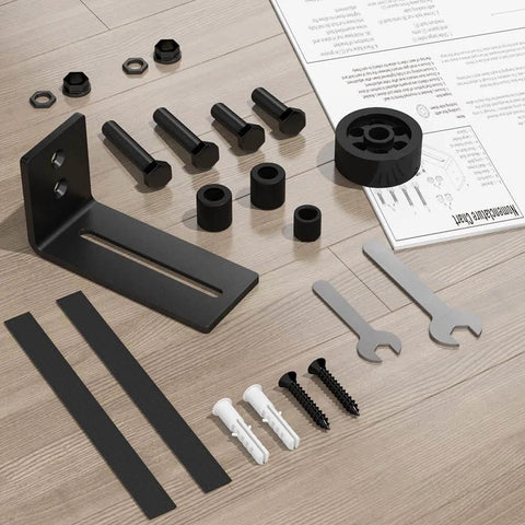 Components of 2 Pack Barn Door Floor Guide Wall Mount Stay Roller, black powder coated, screws, felt strip, instructions, tools included