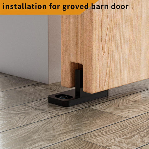 4 Pieces Barn Door Floor Guide Set For Sliding Closet Doors POM Plastic Bottom Track Guide Wall Mounted Adjustable For Grooved And Non Grooved Doors Includes Bypass Pocket And Screws Matte Black installed view