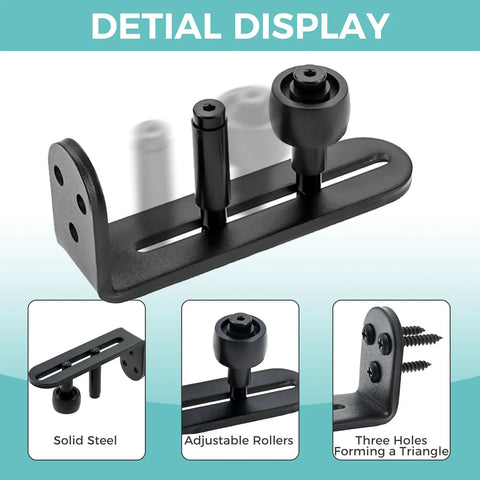 4 Pack Sliding Barn Door Floor Guides With Adjustable Rollers Flush Flat Bottom Design Solid Steel Construction Matte Black Finish Rust Resistant And Durable Hardware For Quiet Smooth Door Operation And Safe Tracking, close-up view showing solid steel with adjustable rollers and triangular hole design.