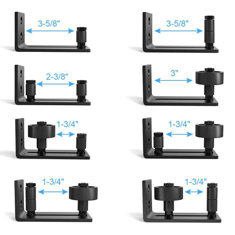 Two Pack Barn Door Floor Guide Set With Eight Setup Options For Bottom Flush Installations Wall Mounted Sliding Door Guide Adjustable Roller Quiet Smooth Sliding Carbon Steel With Black Powder Coating And POM Nylon Wheel Easy Assembly showing various setups.