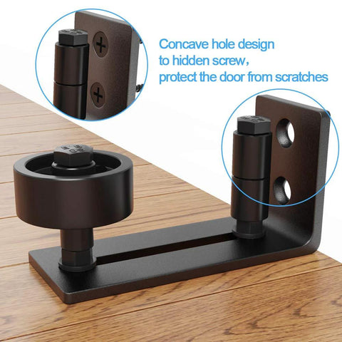 Two Pack Barn Door Floor Guide Set With Eight Setup Options For Bottom Flush Installations Wall Mounted Sliding Door Guide Adjustable Roller Quiet Smooth Sliding Carbon Steel With Black Powder Coating And POM Nylon Wheel Easy Assembly on wooden floor