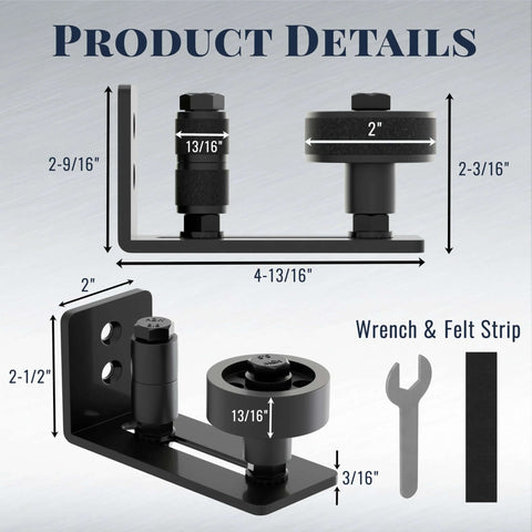 Sliding Barn Door Floor Guide Set dimensions, wall mounted flush bottom grooved guides with rollers, adjustable roller options