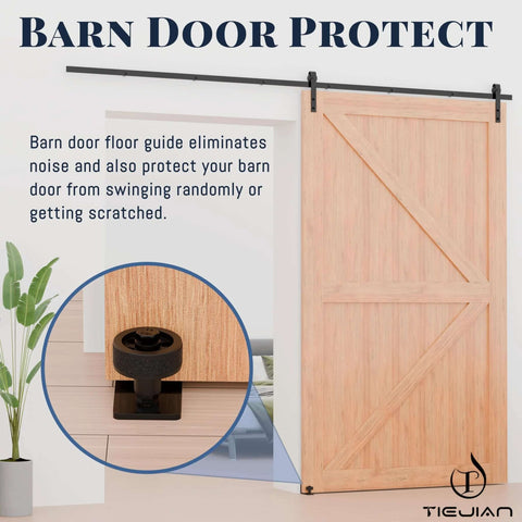 Barn door and Sliding Barn Door Floor Guide Set, Wall Mounted Flush Bottom Grooved Guides With Rollers, Adjustable Floor Guide Roller Featuring Eight Setup Options, Quiet Operation With Felt Strips, 4 Pack installed on wooden floor.