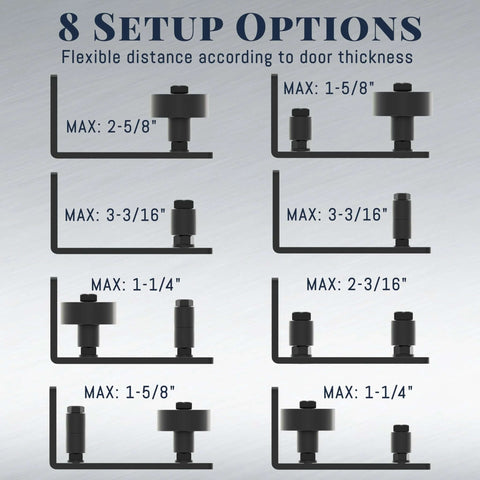 Eight setup options for Sliding Barn Door Floor Guide Set, Wall Mounted Flush Bottom Grooved Guides With Rollers, side view