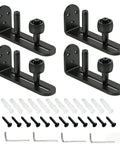 4 Pack Sliding Barn Door Floor Guides With Adjustable Rollers Flush Flat Bottom Design Solid Steel Construction Matte Black Finish Rust Resistant And Durable Hardware For Quiet Smooth Door Operation And Safe Tracking, showing components with screws and tools.