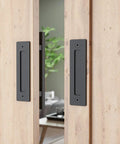 Two Piece 12 Inch Pull And Flush Barn Door Handle Set Large Rustic Two Side Design Black Square Handles Installed on Light Wooden Door