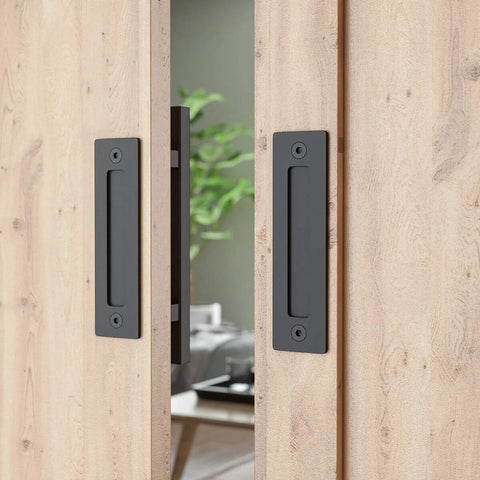 Two Piece 12 Inch Pull And Flush Barn Door Handle Set Large Rustic Two Side Design Black Square Handles Installed on Light Wooden Door