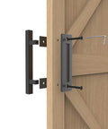 12 Inch Sliding Barn Door Handle Pull And Flush Hardware Set In Rustic Black Finish Anti Rust Steel installed on wood door