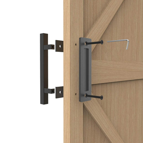 12 Inch Sliding Barn Door Handle Pull And Flush Hardware Set In Rustic Black Finish Anti Rust Steel installed on wood door