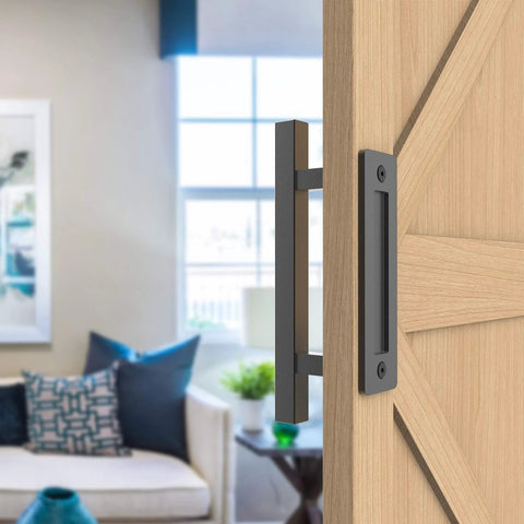 12 Inch Sliding Barn Door Handle Pull And Flush Hardware Set In Rustic Black Finish Anti Rust Steel installed on wood barn door