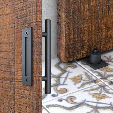 6ft Heavy Duty Sliding Barn Door Hardware Kit, Black, installed on wooden door with pull handle and floor guide visible