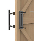 12-Inch Sliding Barn Door Handle Pull And Flush Hardware Set For Interior And Exterior Doors, Rustic Black Round Finish on wood door.
