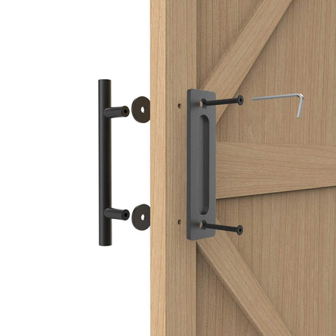12-Inch Sliding Barn Door Handle Pull And Flush Hardware Set For Interior And Exterior Doors, Rustic Black Round Finish on wood door.