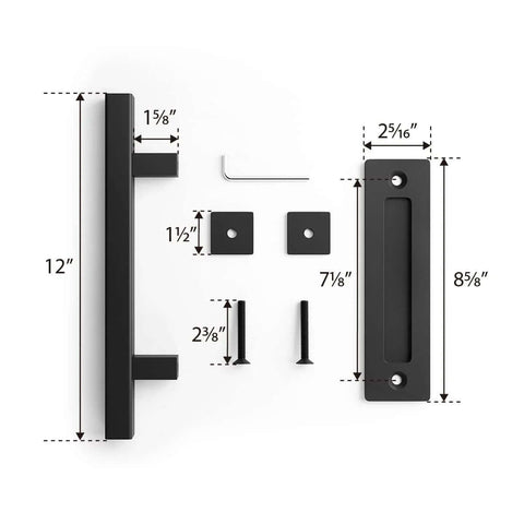 Two Piece 12 Inch Pull And Flush Barn Door Handle Set Large Rustic Two Side Design Black Square Handles For Gates Garages Sheds And Furniture Easy To Install With Included Hardware Durable Metal Construction