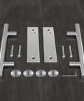 Heavy Duty 12 Inch Pull And Flush Barn Door Handle Set Two Pack With Large Rustic Two Side Design For Gates Garages Sheds And Furniture Solid Carbon Steel With Black Powder Coating And Upgraded Back Plate For Superior Sturdiness And Rust Resistance showing two handles, back plates, and hardware on dark surface