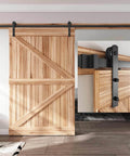 Wooden barn door with 10 FT Heavy Duty Sliding Barn Door Hardware Track Kit and straight pulley, installed indoors on a 60" opening.