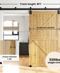 8 Foot Box Rail Sliding Barn Door Hardware Kit Heavy Duty Wall Mount For Indoor And Exterior Doors Corrosion Resistant Zinc Plated Exterior Hardware Includes Five Track Brackets Supports Doors Up To 450 Pounds Fits Doors Up To Forty Eight Inches Wide installed on wooden door.