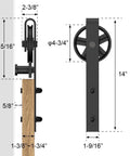 Premium Black Finish Wood Double Sliding Barn Door Hardware Kit with Big Spoke Wheel Rollers side view measurements