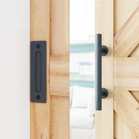 8.2 FT Heavy Duty Sturdy Sliding Barn Door Hardware Kit, Black, showing pull handle installed on wooden door panel