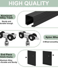 Parts of 5Ft Barn Door Hardware Kit With Low Clearance Aluminum Box Rail Track For Interior Single Wooden Door Black Finish, Heavy Duty Sliding Door System With Rust Resistant Aluminum Rail For Smooth Operation And Space Saving Door Installations showing aluminum track, nylon wheel, and end piece.