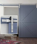Eight Feet Brushed Nickel Sliding Barn Door Hardware Kit With I Shape Hanger For A 48 Inch Wide Door Panel Smooth And Quiet Track Easy To Install Durable Premium Quality Hardware At An Affordable Price, installed on a blue door in a living room setting.