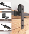 8FT Barn Door Hardware Kit with Heavy Duty Sliding Track, J Shaped Carbon Steel System, close-up on hanger, stopper, and spacers